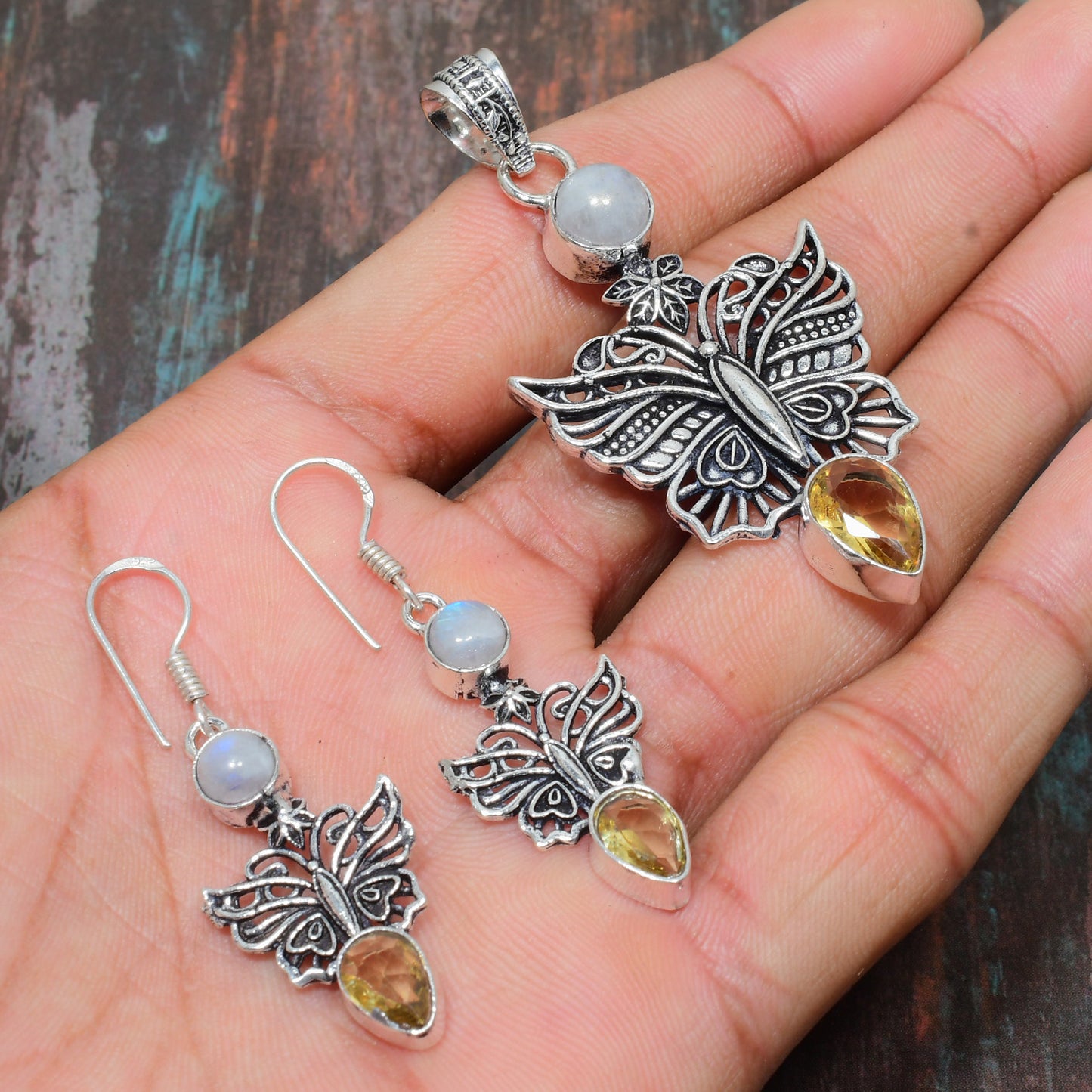 Aurora’s Metamorphosis – Moonstone & Citrine Butterfly Set