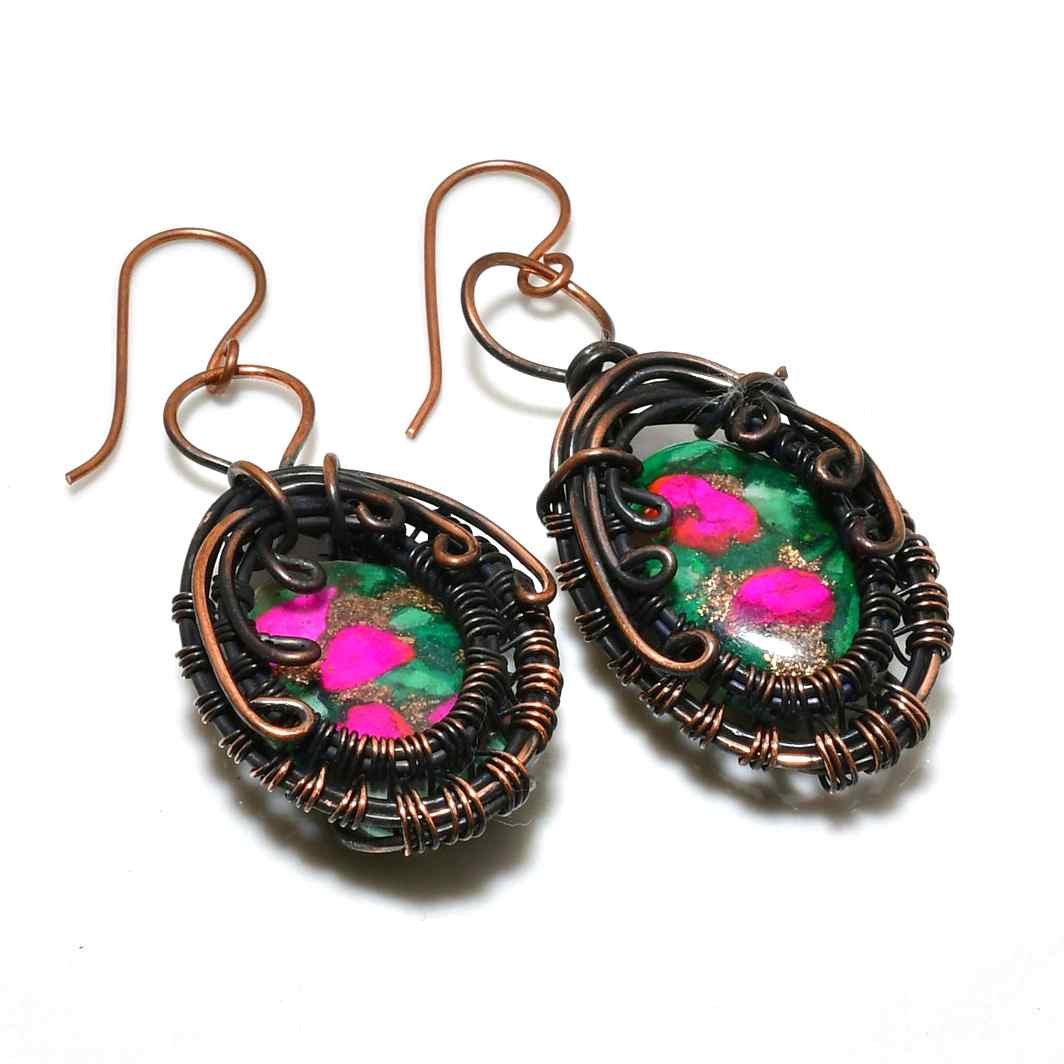 Prismatic Spiral – Copper & Multicolor Stone Earrings