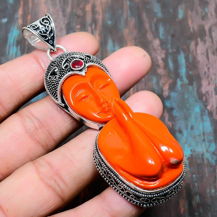 Tranquil Guardian – Orange Resin Buddha Pendant