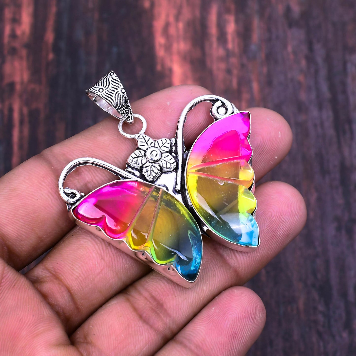 Aurora’s Flight – Synthetic Opal & Silver Butterfly Pendant