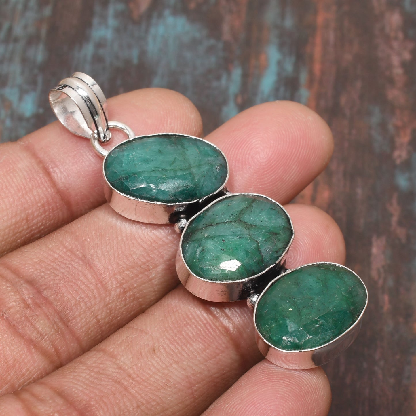 Verdant Melody – Triple Emerald Silver Pendant