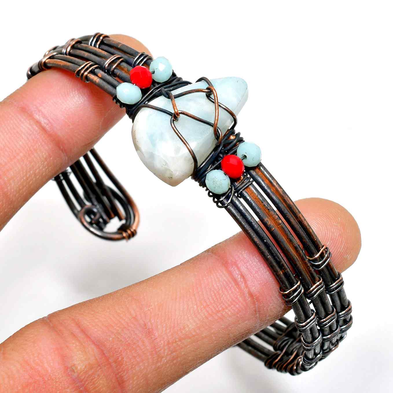 Ocean’s Embrace – Larimar Copper Wrap Bracelet