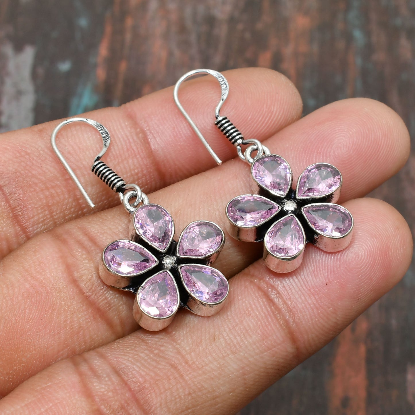 Blushing Bloom – Pink Gem & Silver Flower Earrings