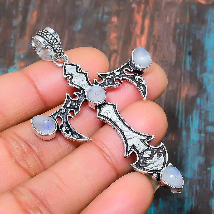 Lunar Enigma – Gothic Moonstone Cross Pendant