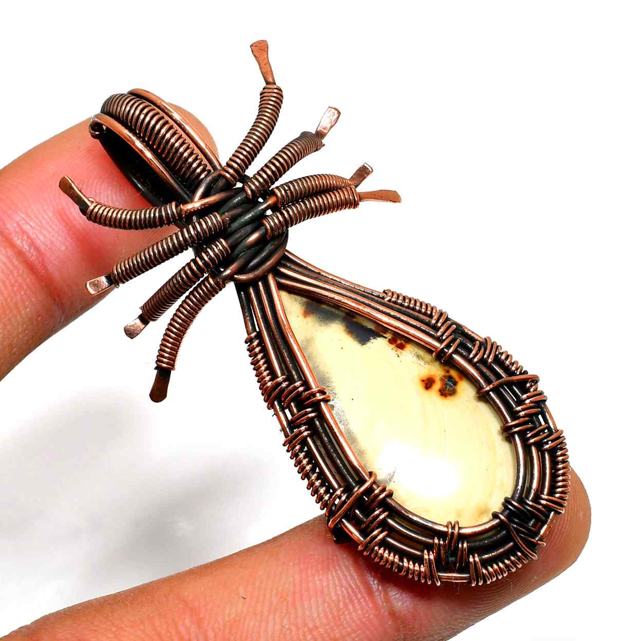 Earthen Web – Copper-Wrapped Stone Spider Pendant
