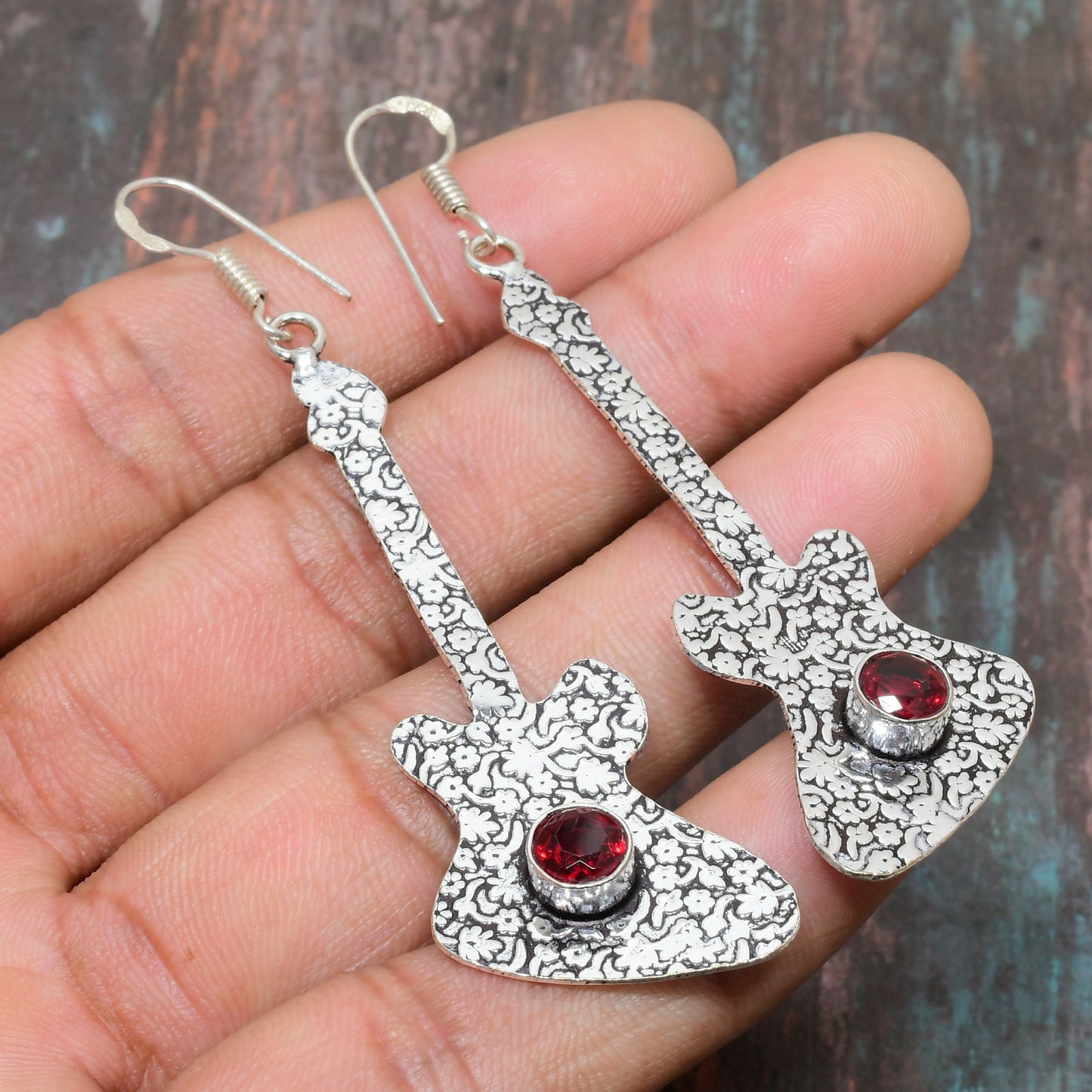 Rock Star Riffs – Ruby & Silver Guitar Earrings