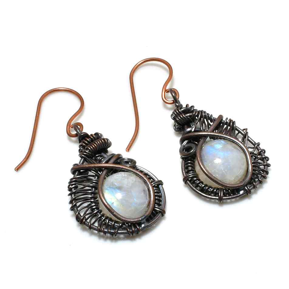 Luna’s Embrace – Copper Wrapped Moonstone Earrings