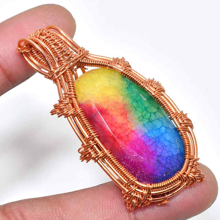 Vivid Harmony – Rainbow Aura Agate Copper Pendant