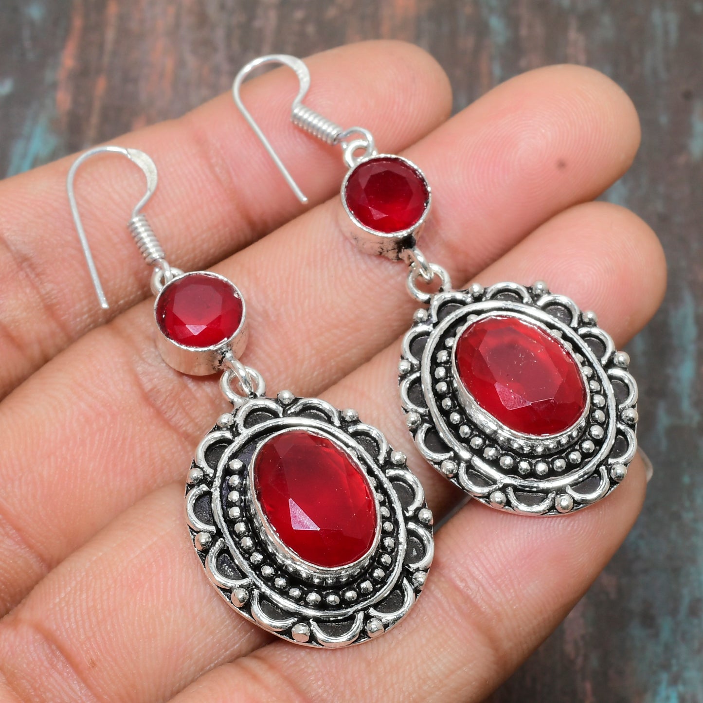 Crimson Courage – Ruby Silver Filigree Earrings