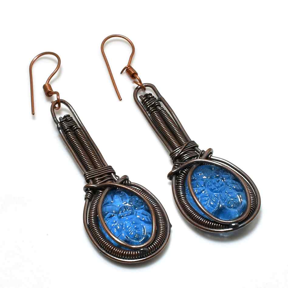 Cobalt Whispers – Copper-Wrapped Glass Earrings