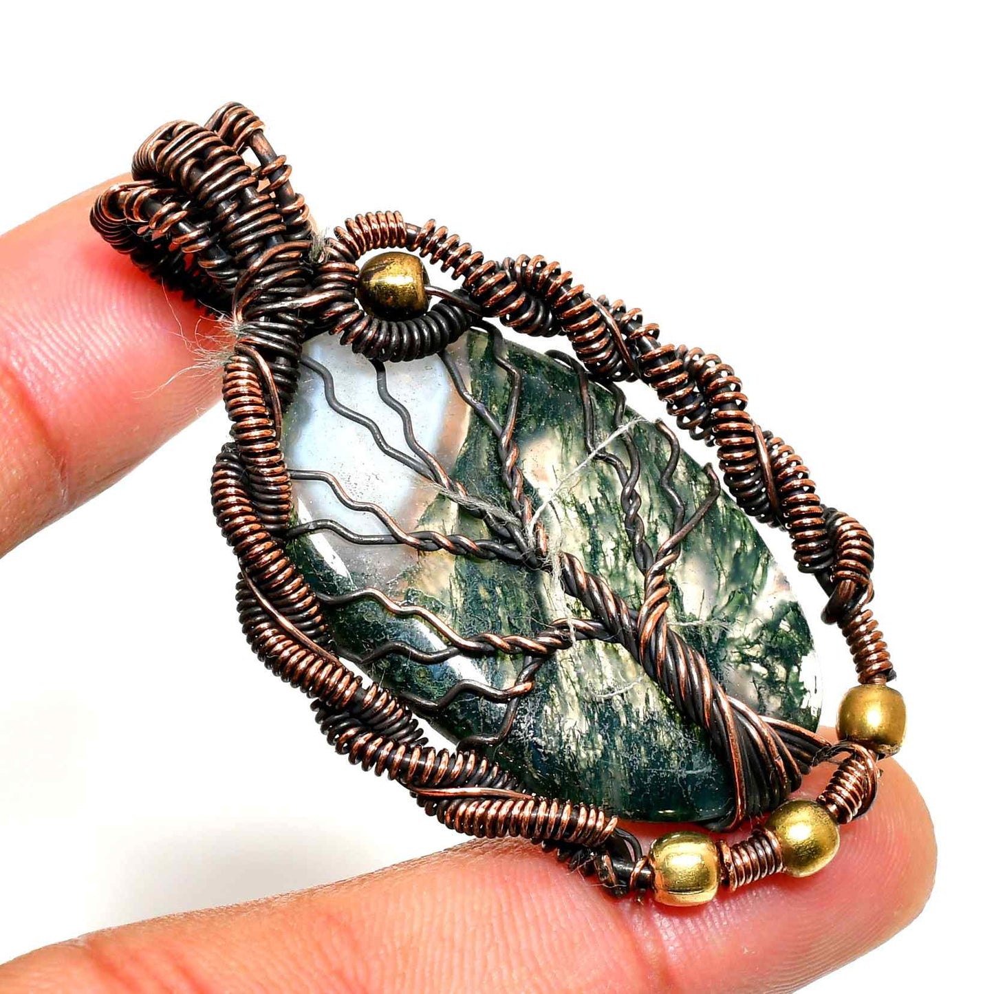 Verdant Embrace – Moss Agate Copper Pendant