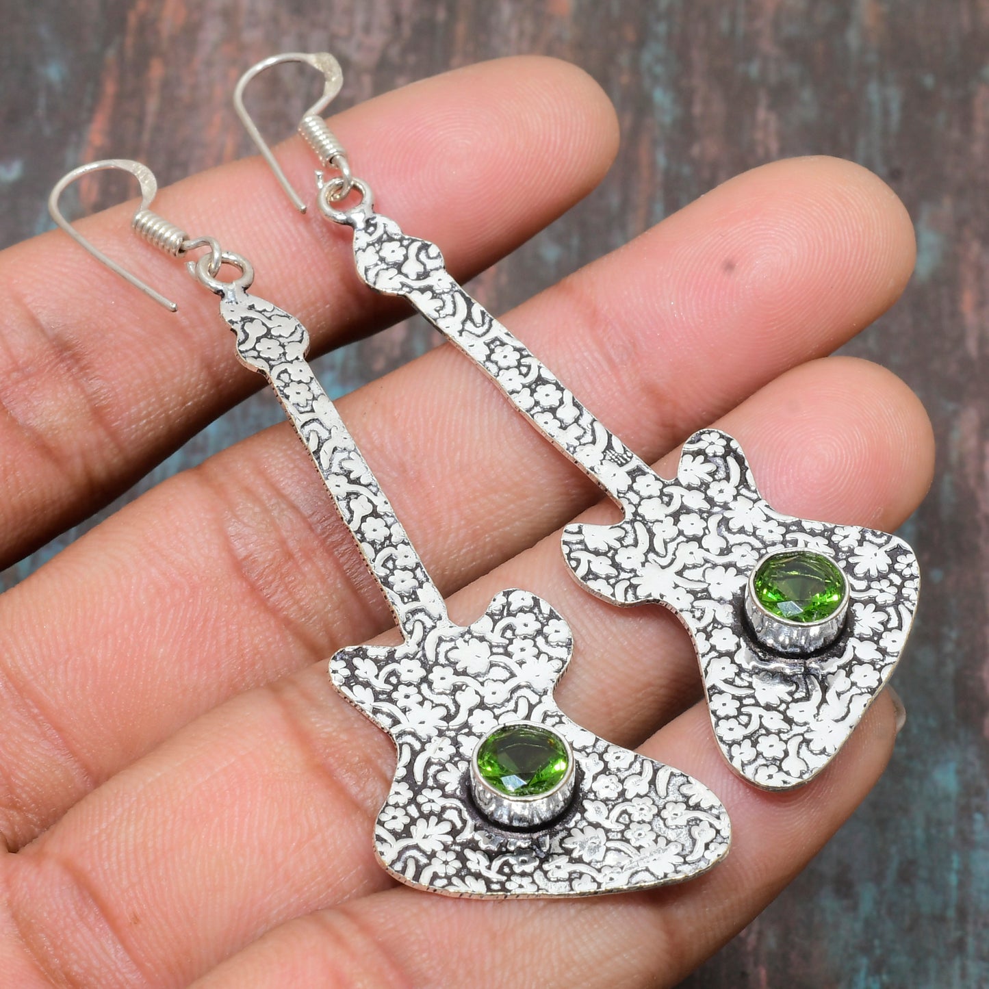 Emerald Encore – Silver Guitar Earrings