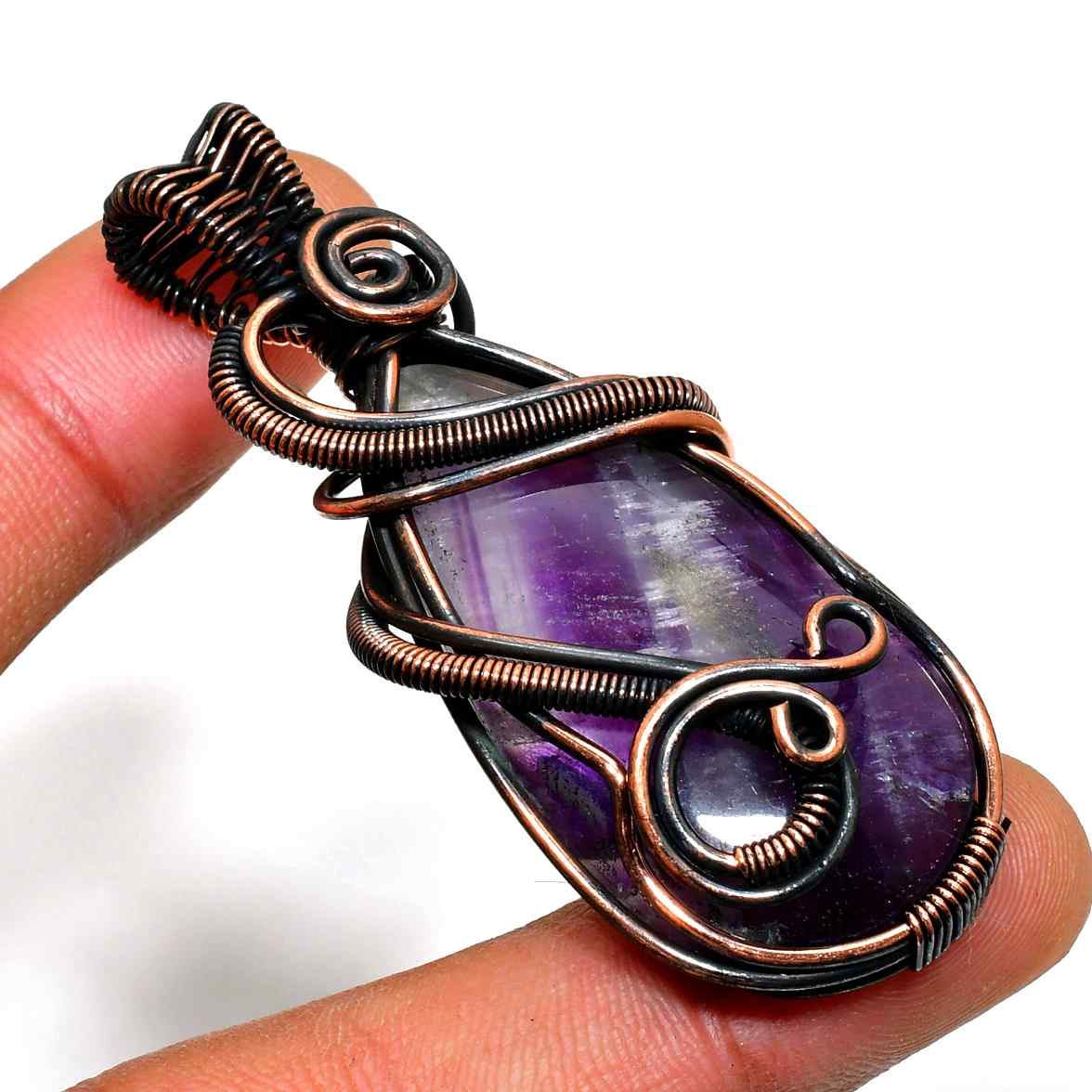 Ezra’s Veil – Oxidized Copper Wrapped Amethyst Pendant