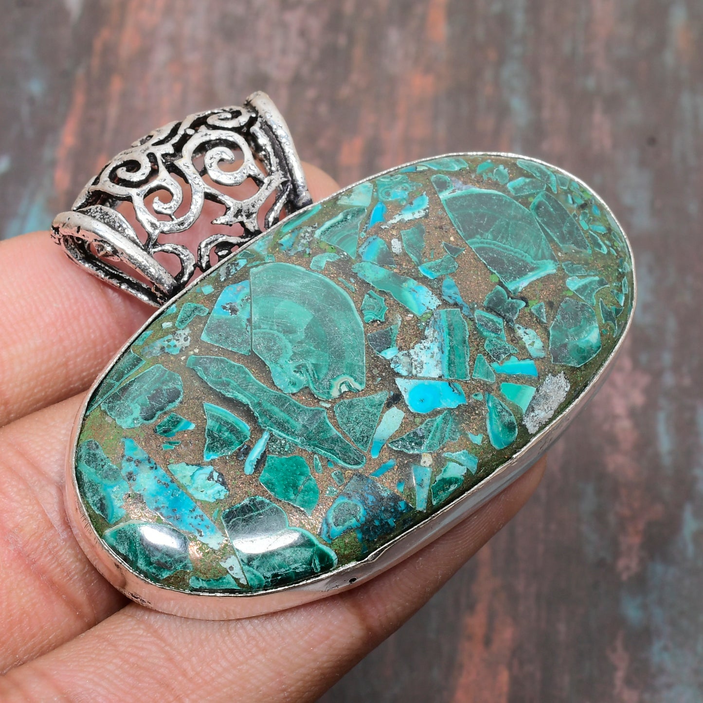Harmony’s Embrace – Turquoise Silver Mosaic Pendant