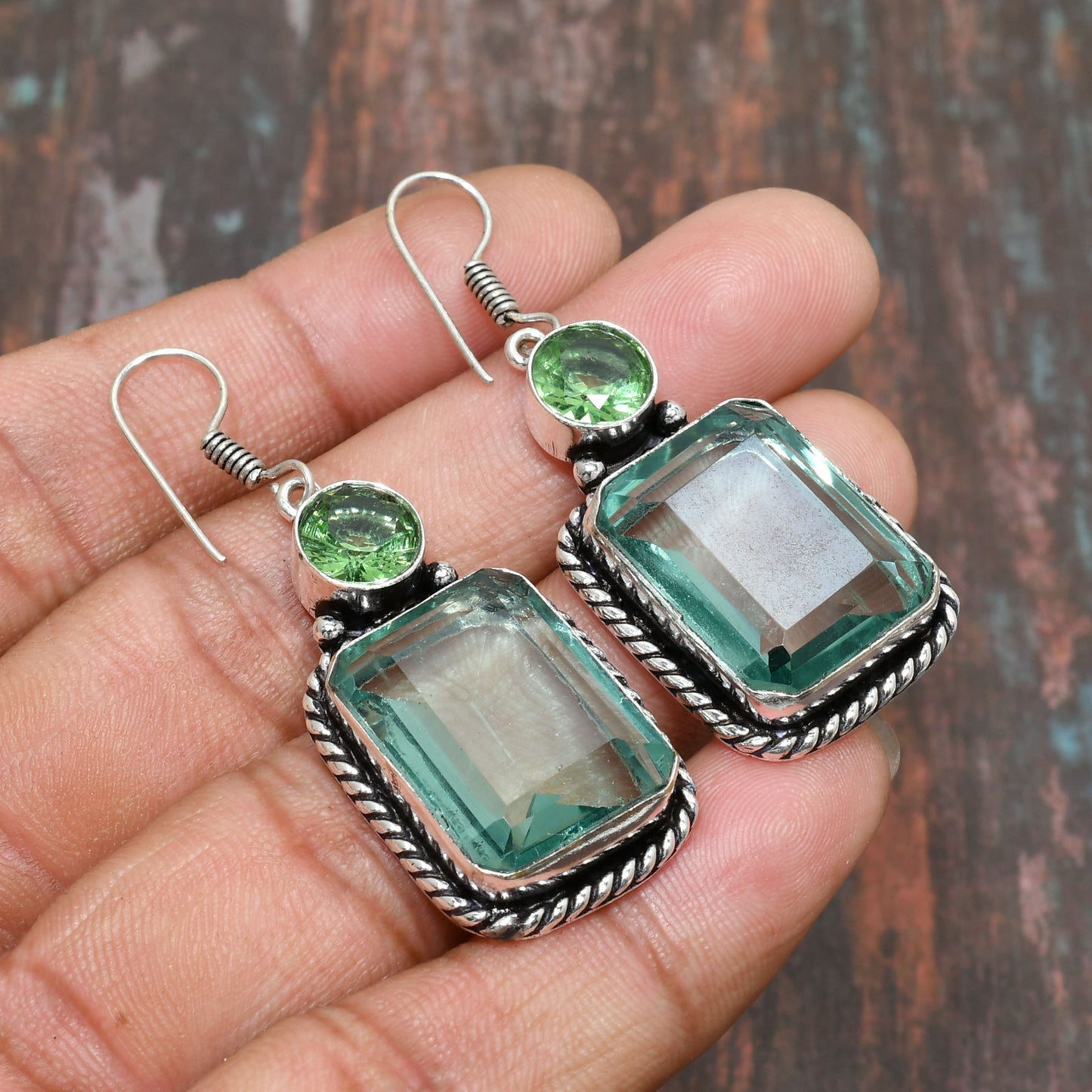 Ocean Harmony – Aquamarine & Peridot Silver Earrings