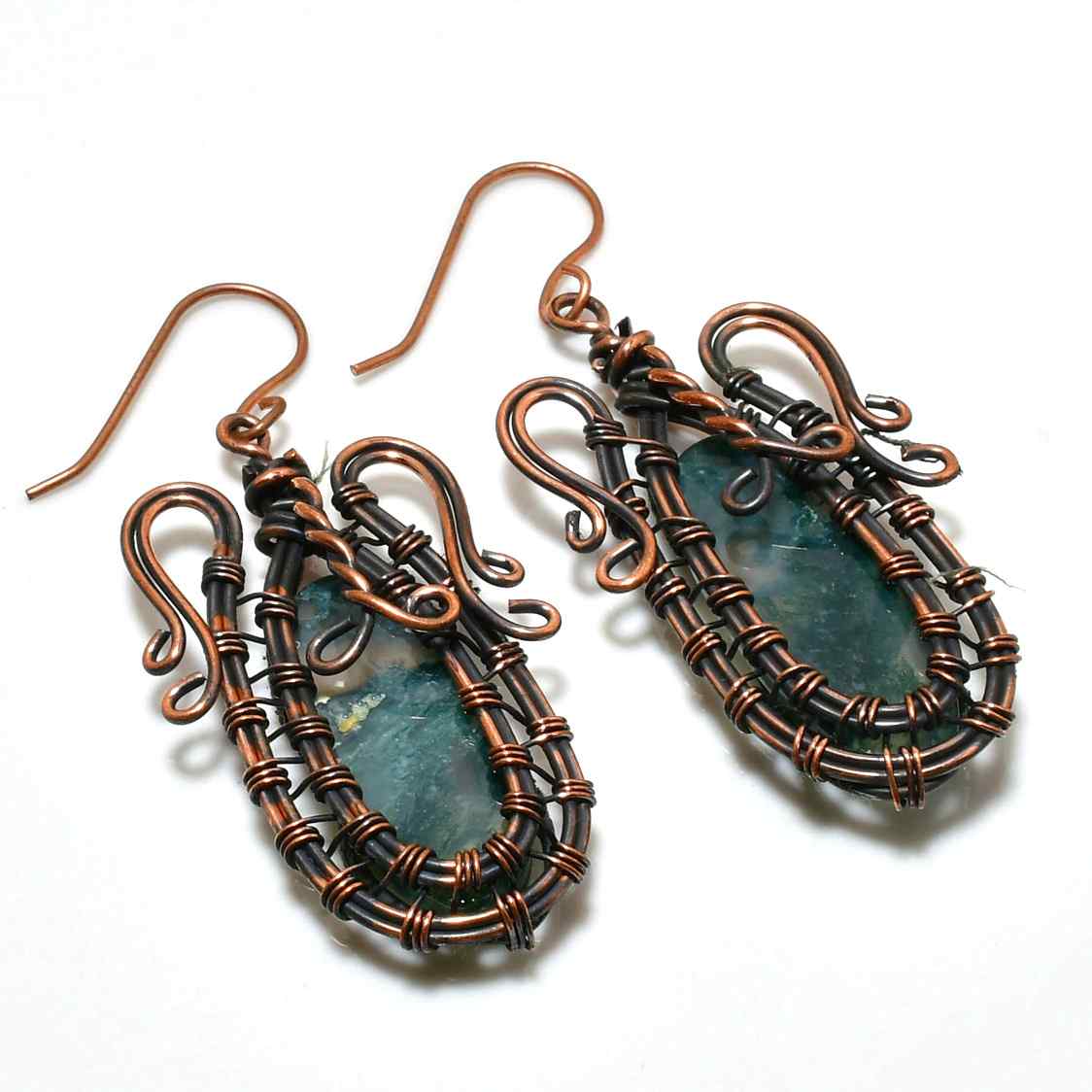 Emerald Harmony – Copper Wire-Wrapped Earrings