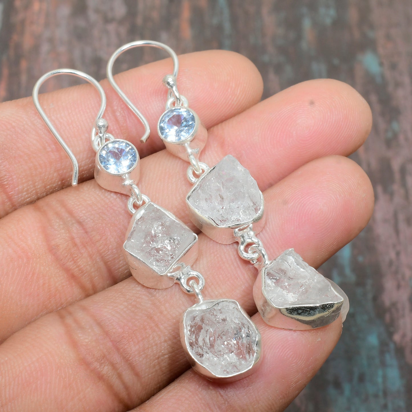 Aurora’s Grace – Raw Quartz & Blue Topaz Earrings