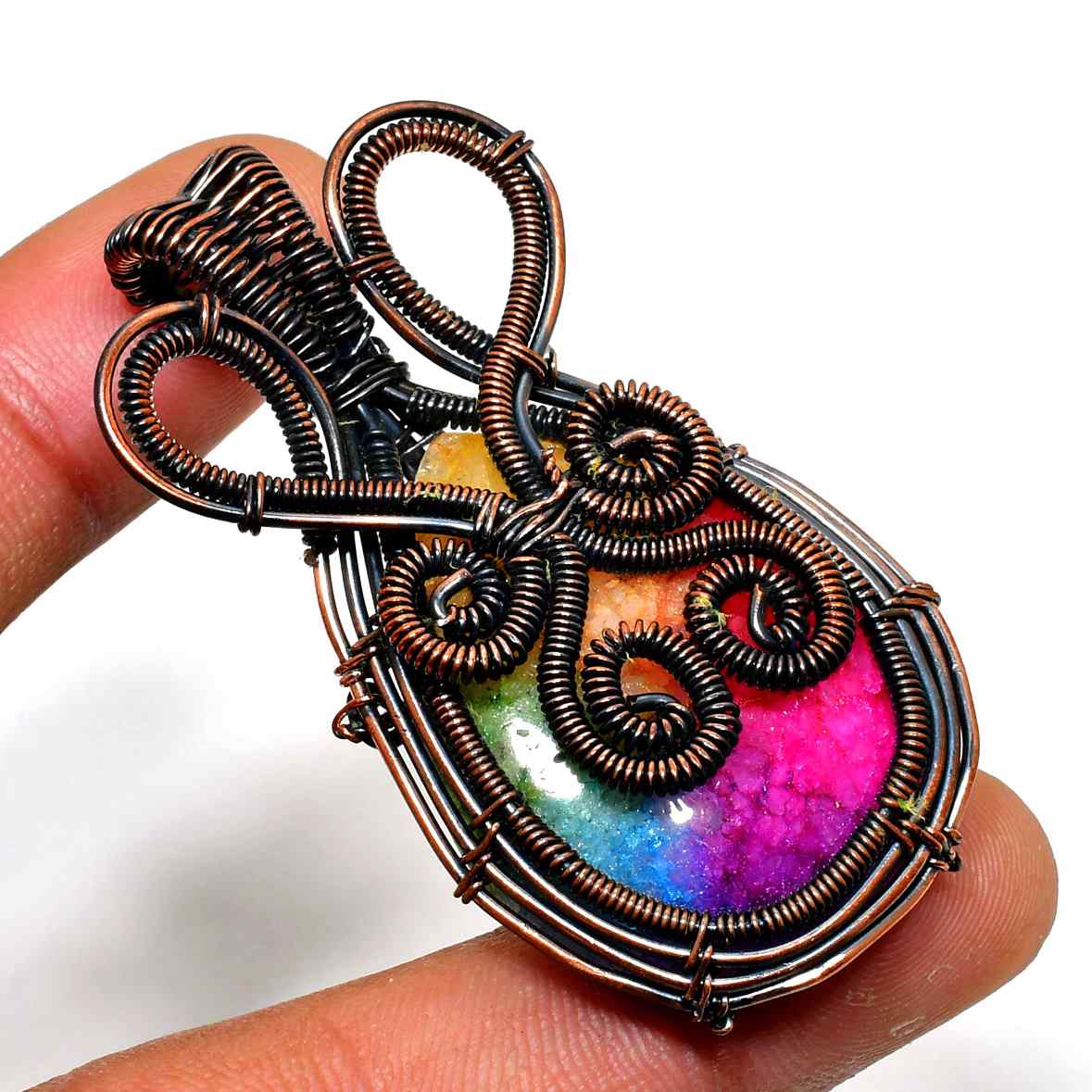 Aurora’s Embrace – Rainbow Aura Quartz Copper Pendant