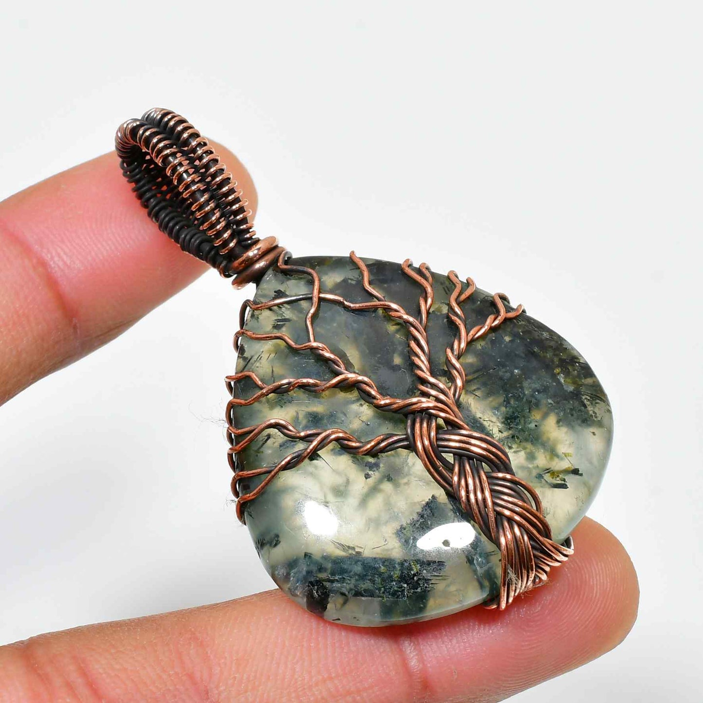 Forest’s Heart – Moss Agate Copper Tree of Life Pendant
