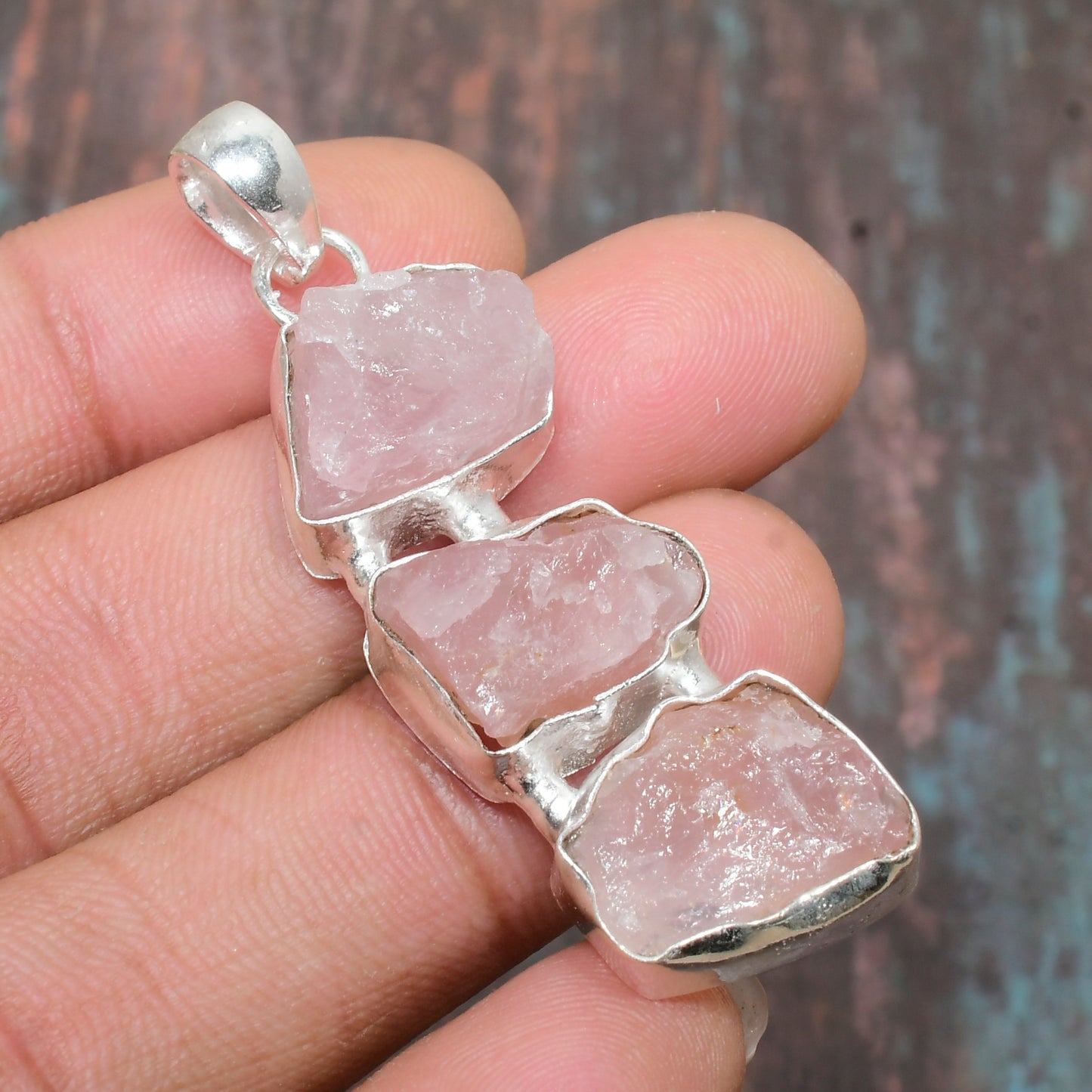 Lyra’s Grace – Rose Quartz Triad Silver Pendant