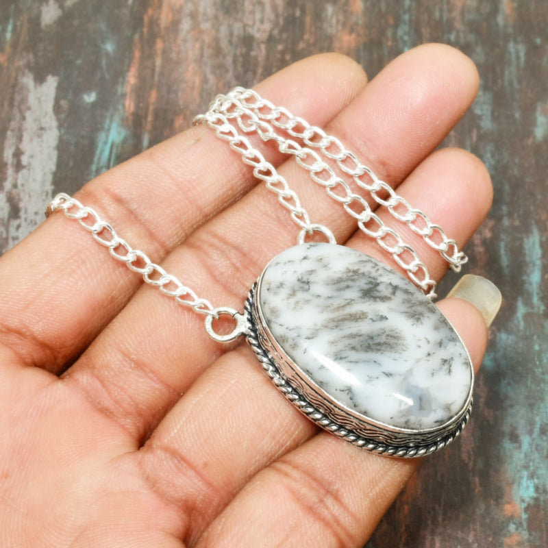Forest Whisper – White Dendritic Agate Sterling Silver Pendant