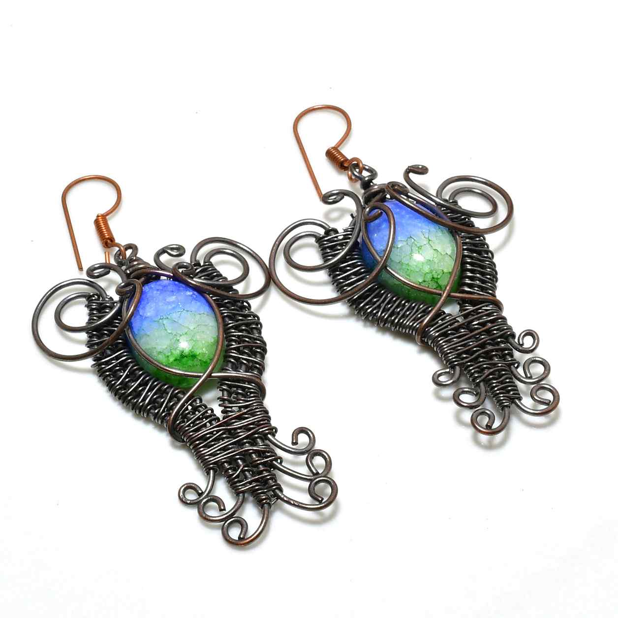 Celestial Spiral – Green & Blue Agate Copper Earrings