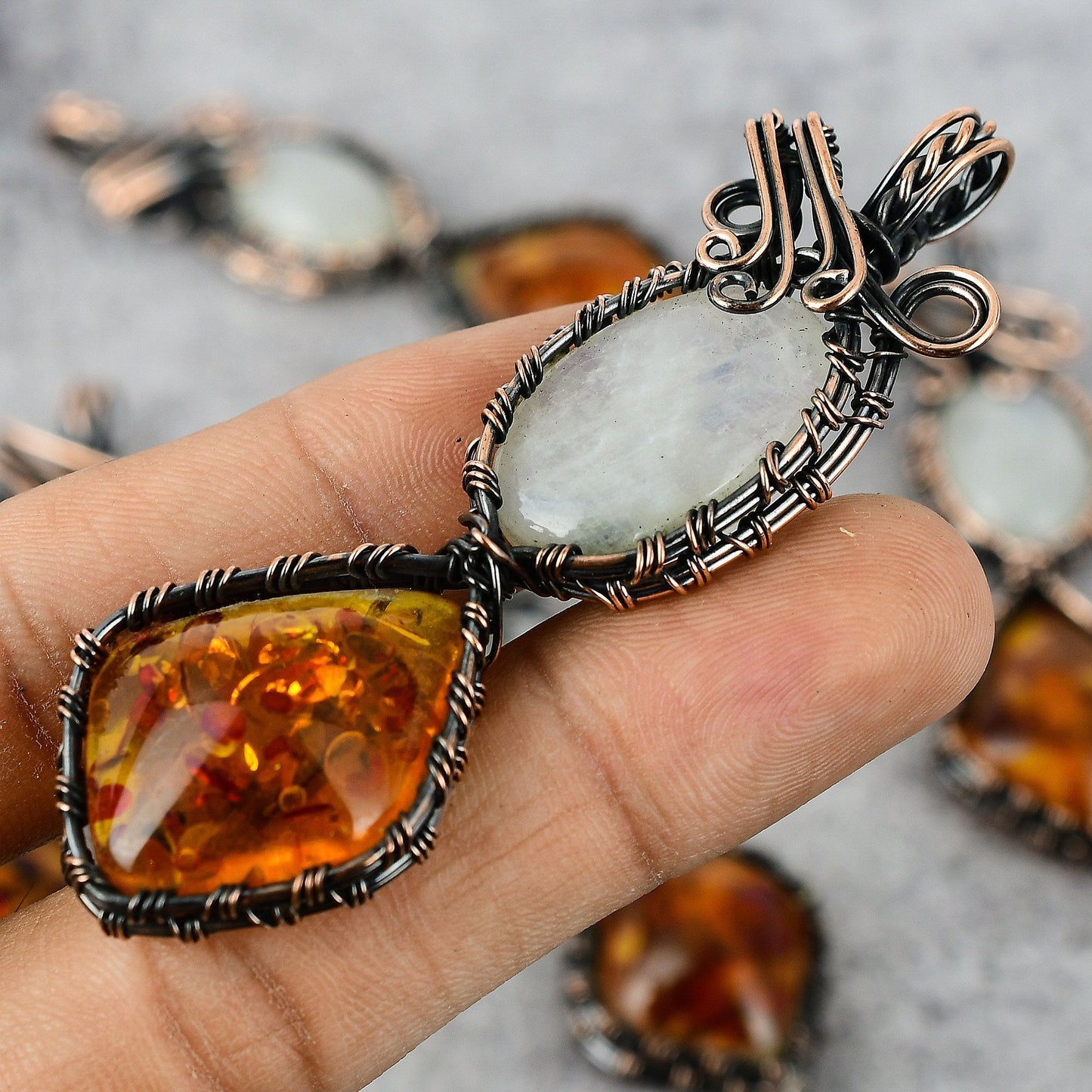 Rainbow Moonstone and Honey Baltic Amber Gemstone Copper Pendant