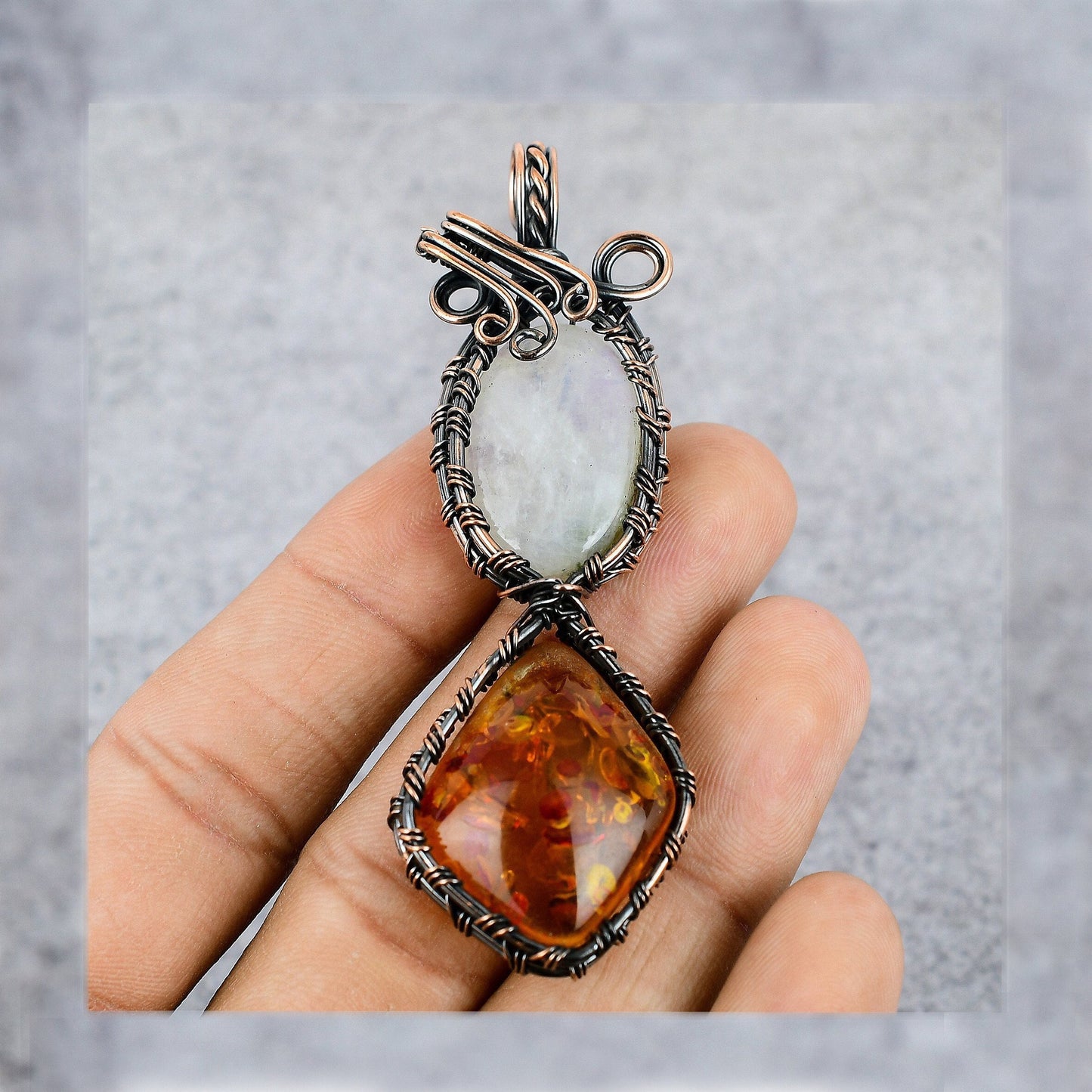 Rainbow Moonstone and Honey Baltic Amber Gemstone Copper Pendant