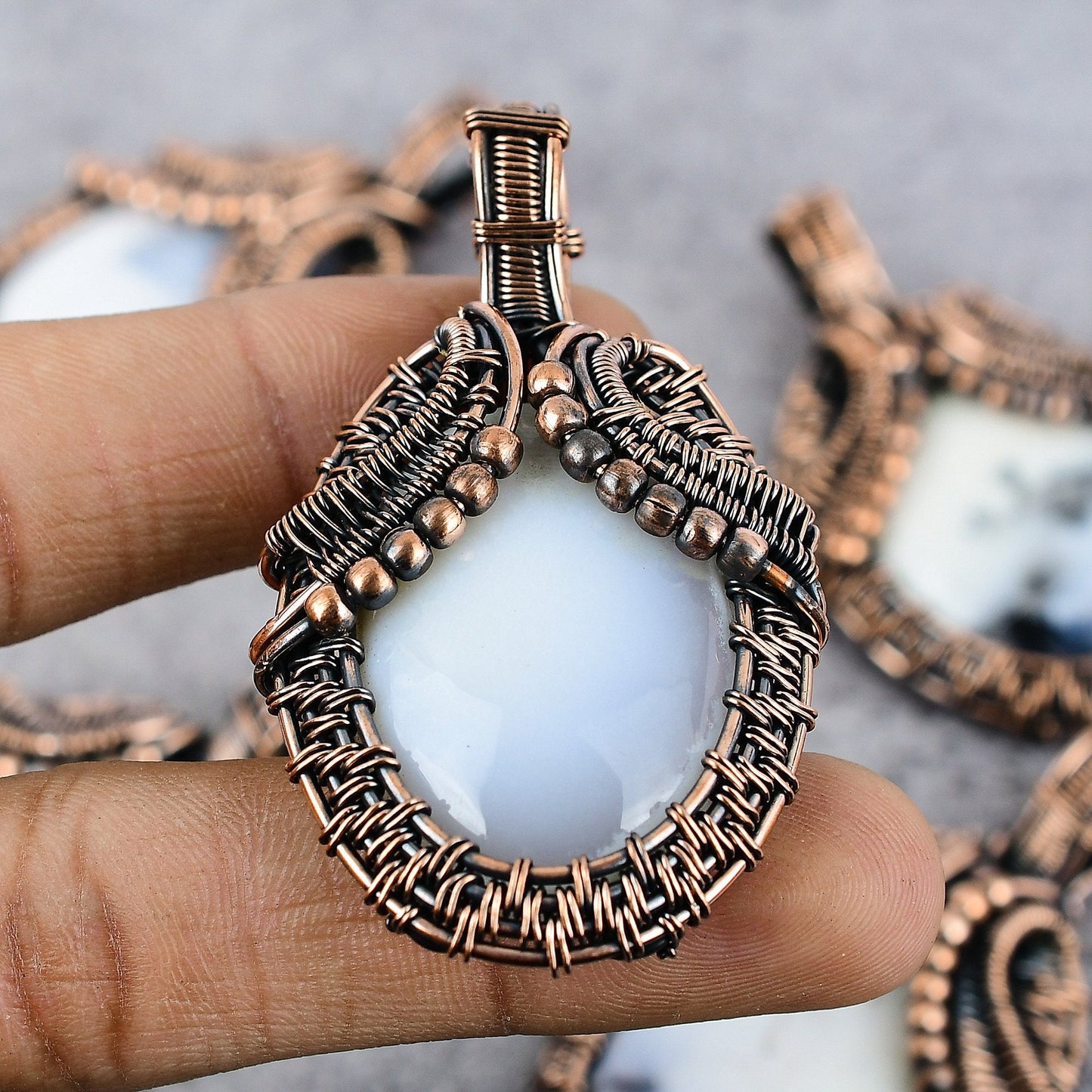 White Dendrite Opal Gemstone Copper Pendant