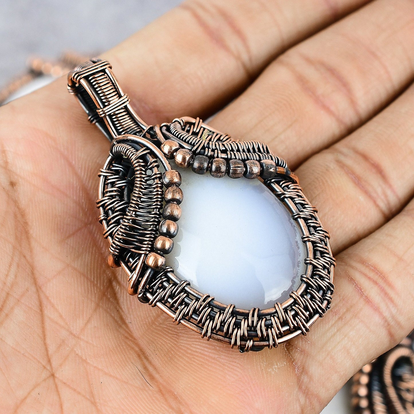 White Dendrite Opal Gemstone Copper Pendant