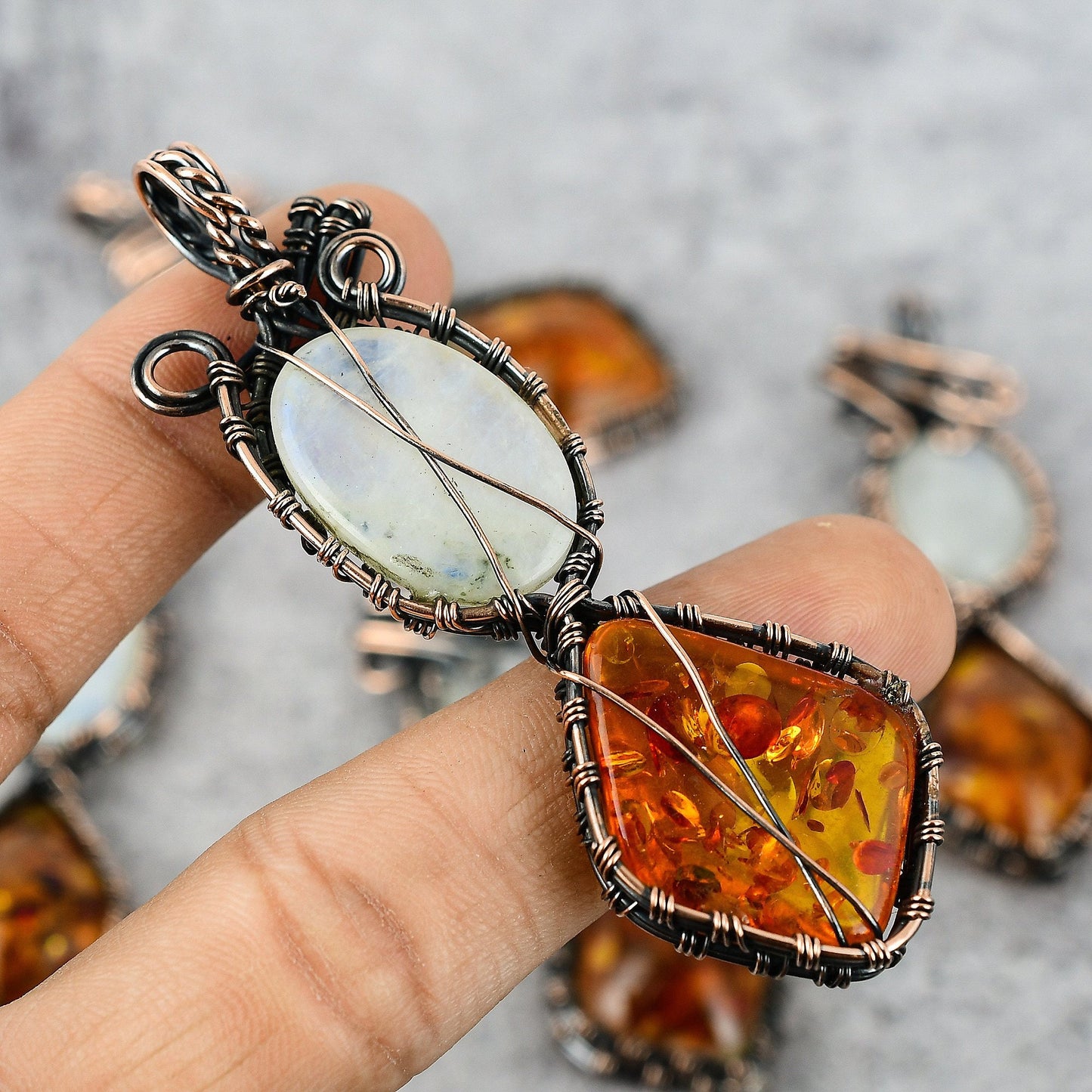 Rainbow Moonstone and Honey Baltic Amber Gemstone Copper Pendant