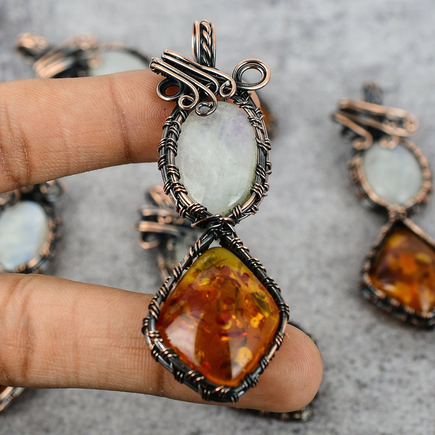Rainbow Moonstone and Honey Baltic Amber Gemstone Copper Pendant