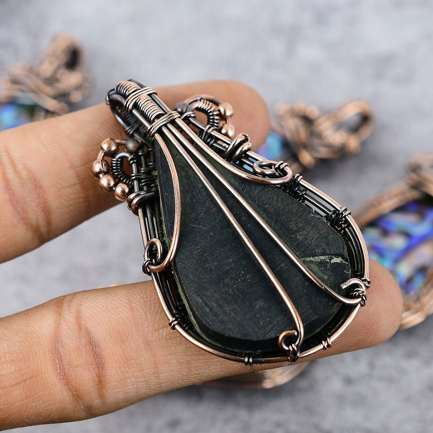 Iridescent Blue-Green Abalone Gemstone Copper Pendant