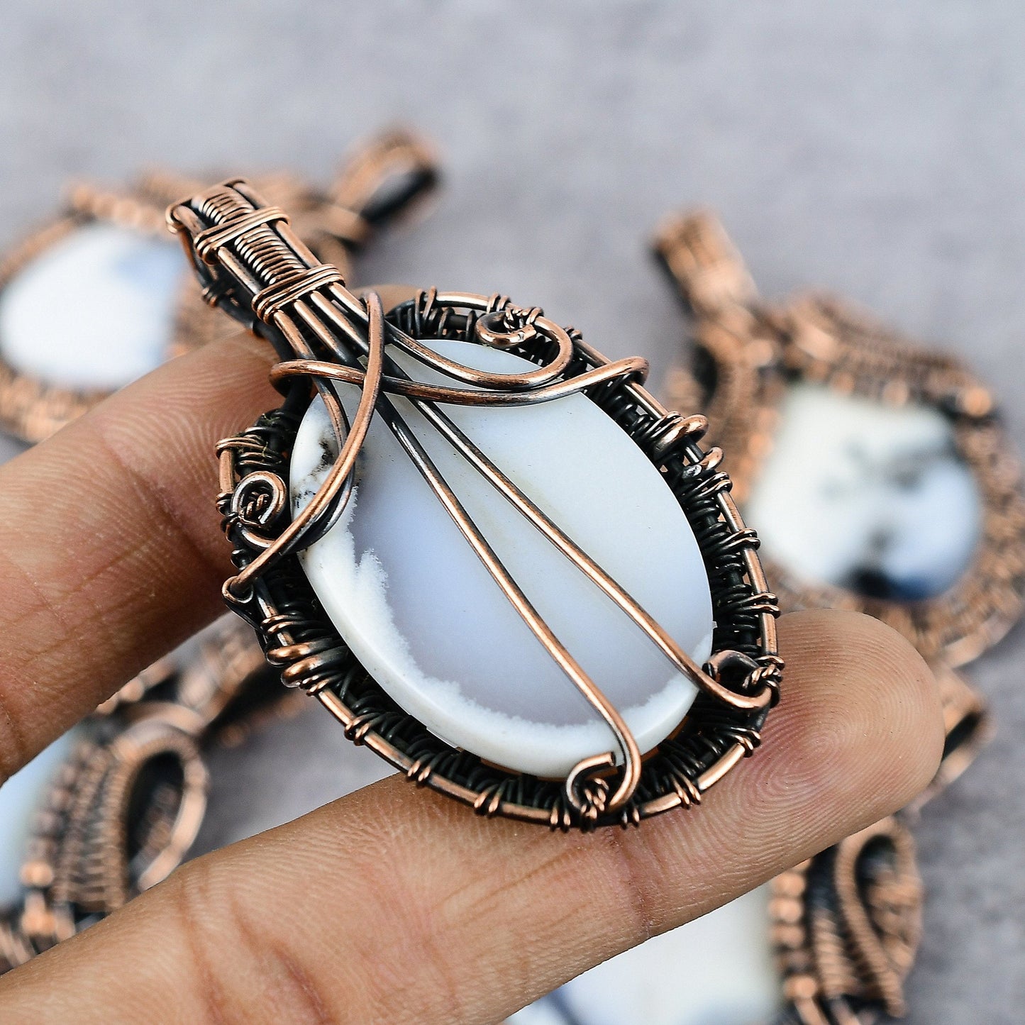 White Dendrite Opal Gemstone Copper Pendant