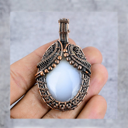 White Dendrite Opal Gemstone Copper Pendant