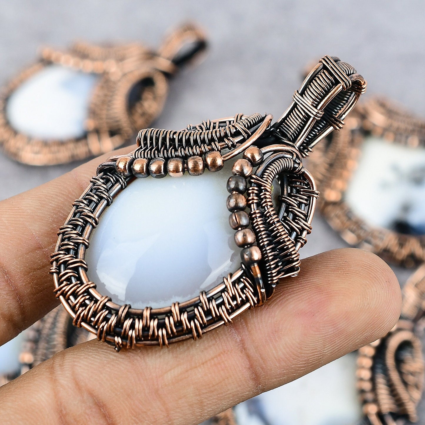 White Dendrite Opal Gemstone Copper Pendant
