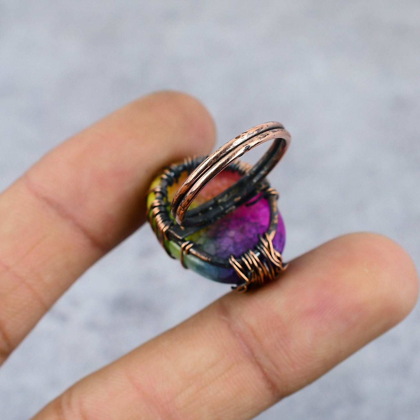Rainbow Solar Quartz Gemstone Tree of Life Copper Ring