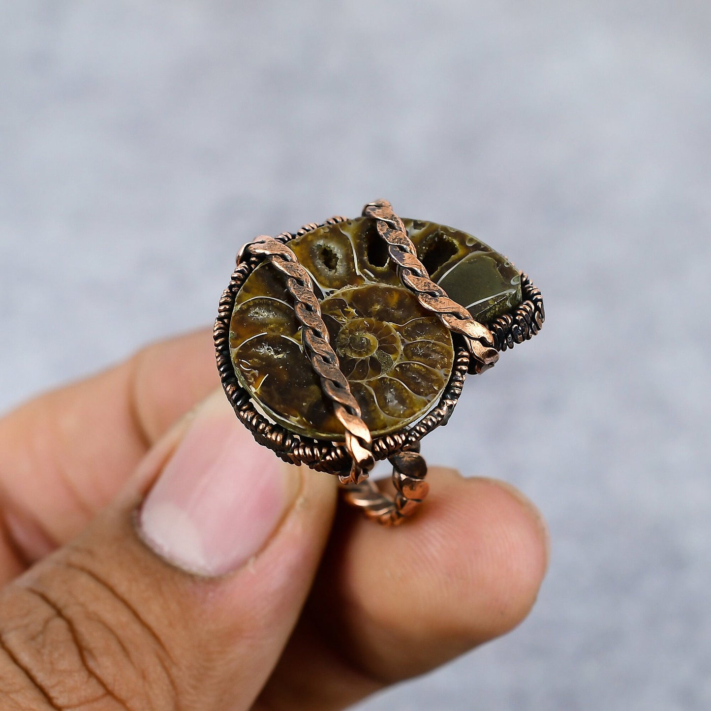 Brown Ammonite Gemstone Copper Ring
