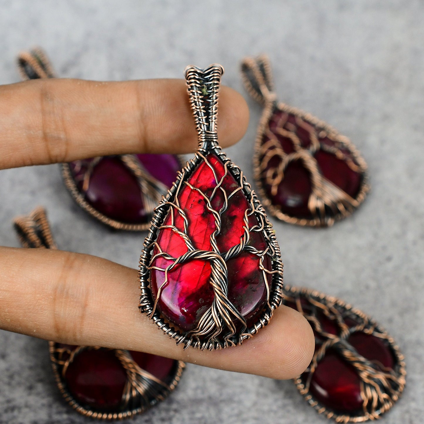 Tree of Life Red Fire Labradorite Gemstone Pendant
