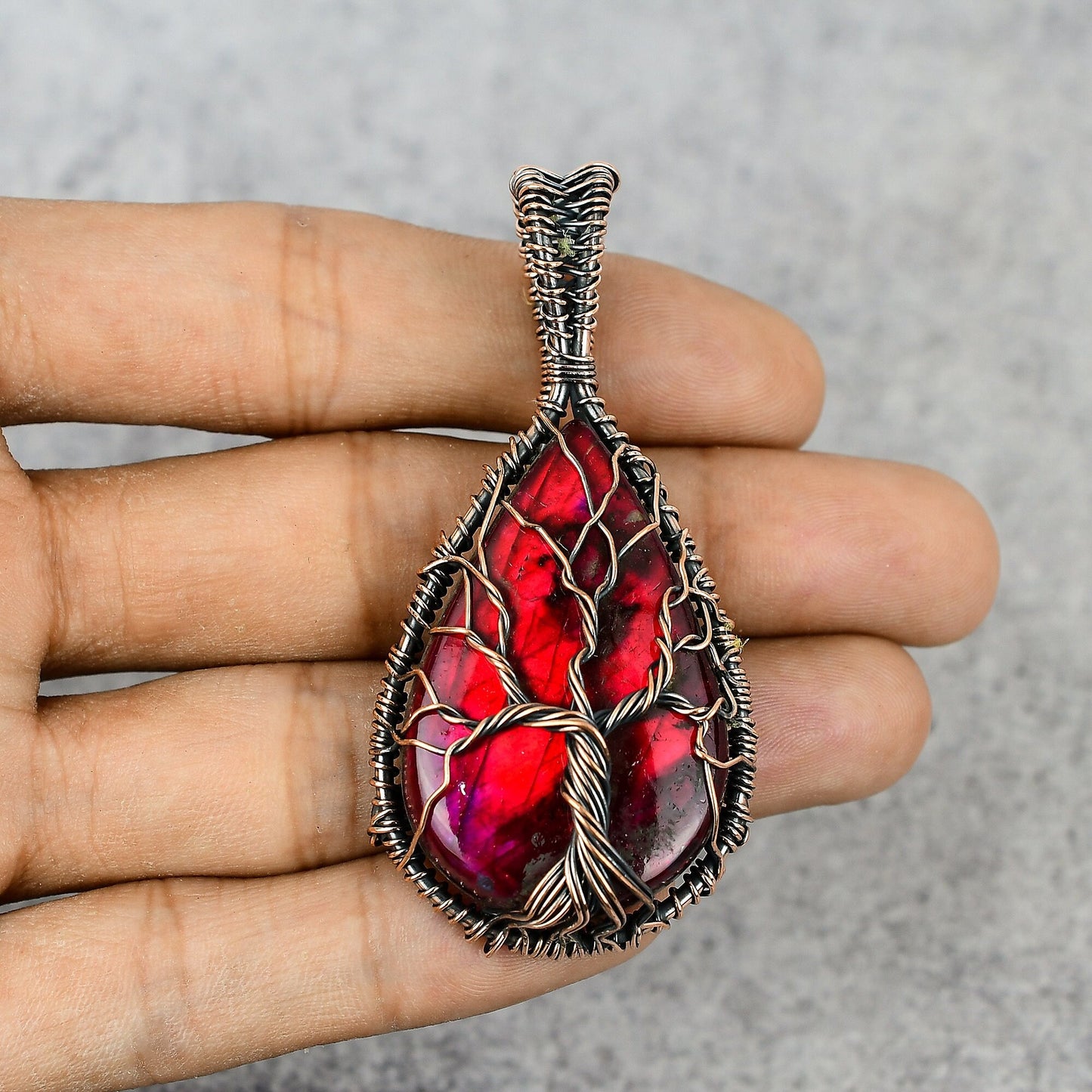 Tree of Life Red Fire Labradorite Gemstone Pendant