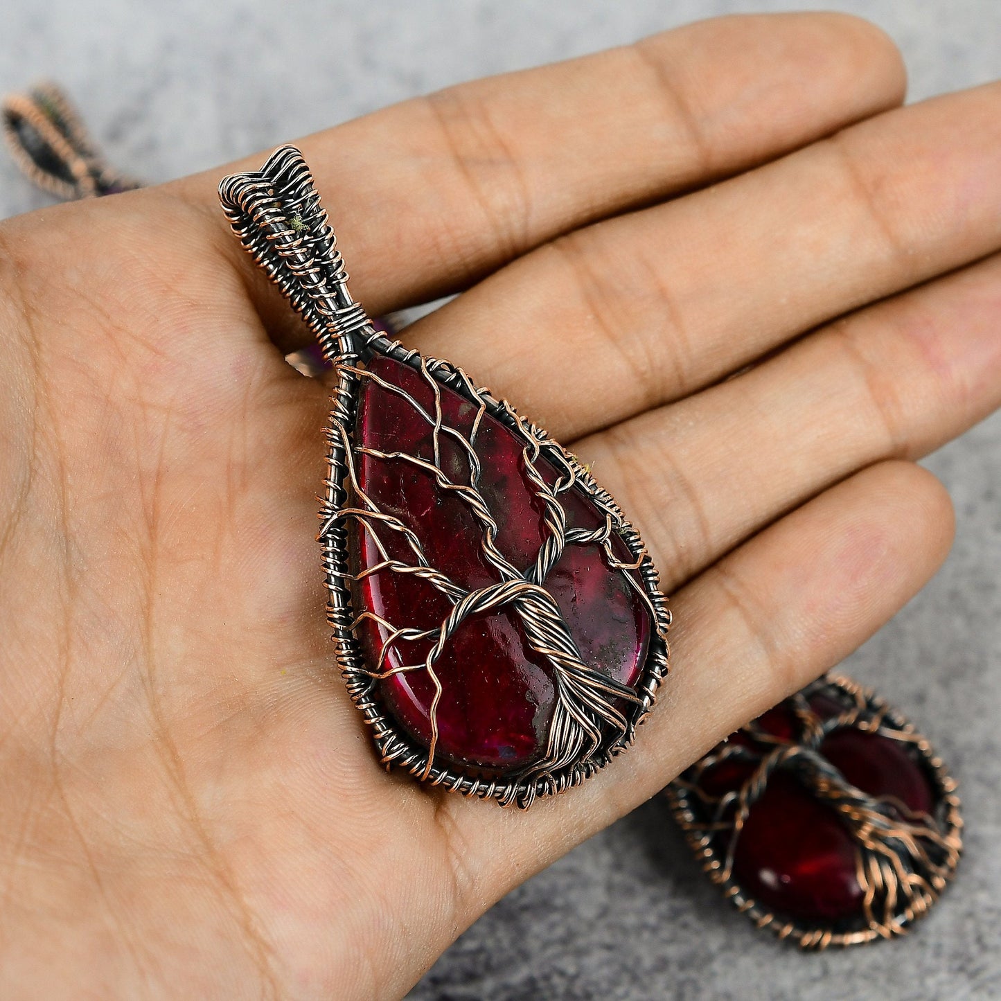 Tree of Life Red Fire Labradorite Gemstone Pendant