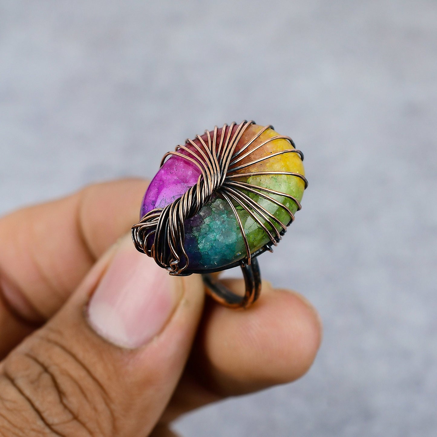 Rainbow Solar Quartz Gemstone Tree of Life Copper Ring