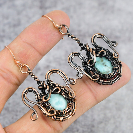 Blue Larimar Gemstone Copper Earrings