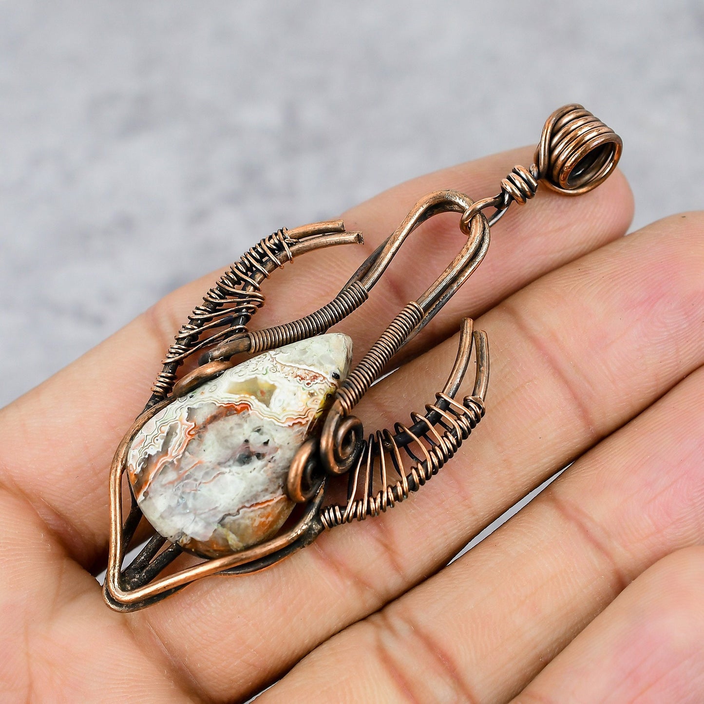 Multicolor Crazy Lace Agate Gemstone Copper Pendant