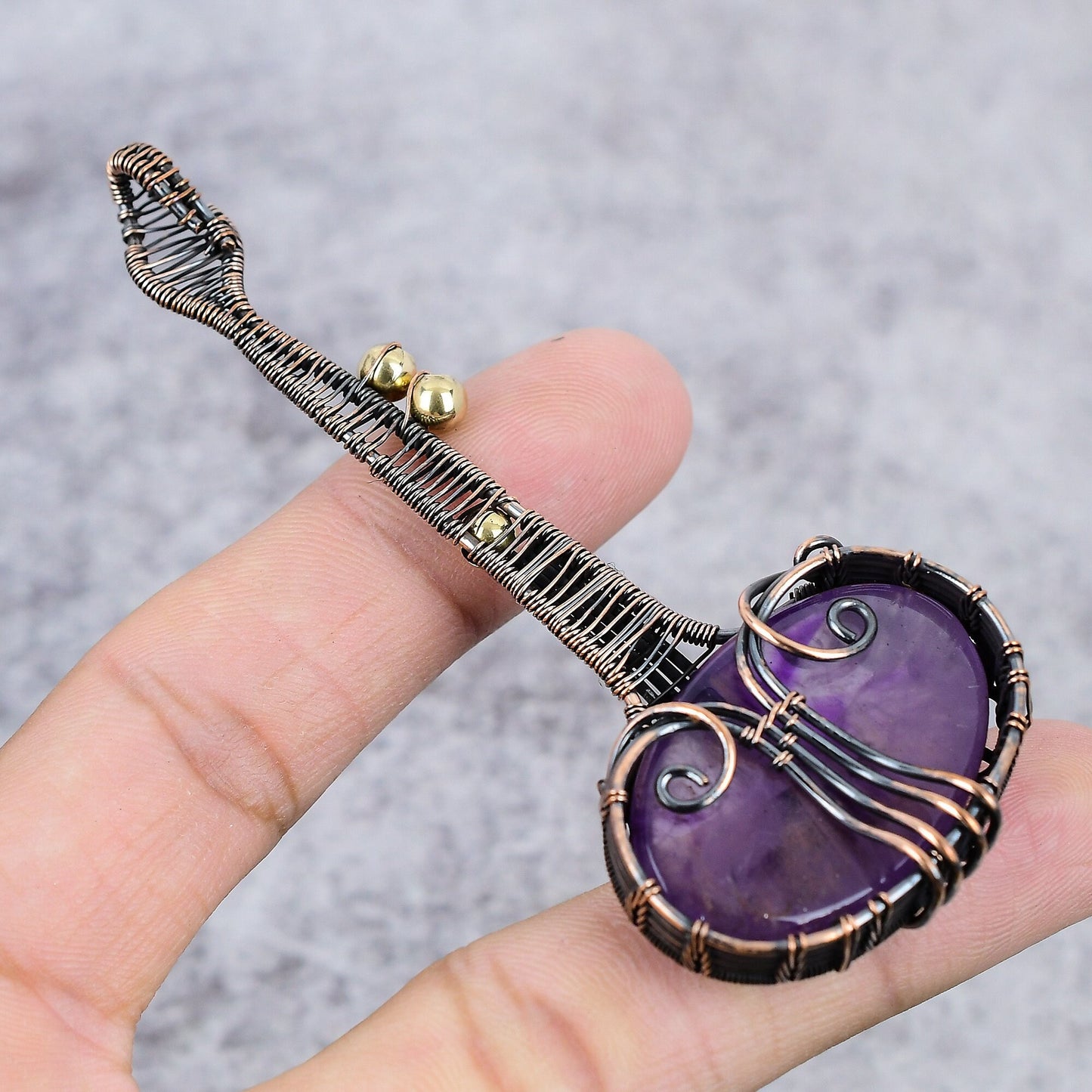 Purple Amethyst Gemstone Copper Guitar Pendant