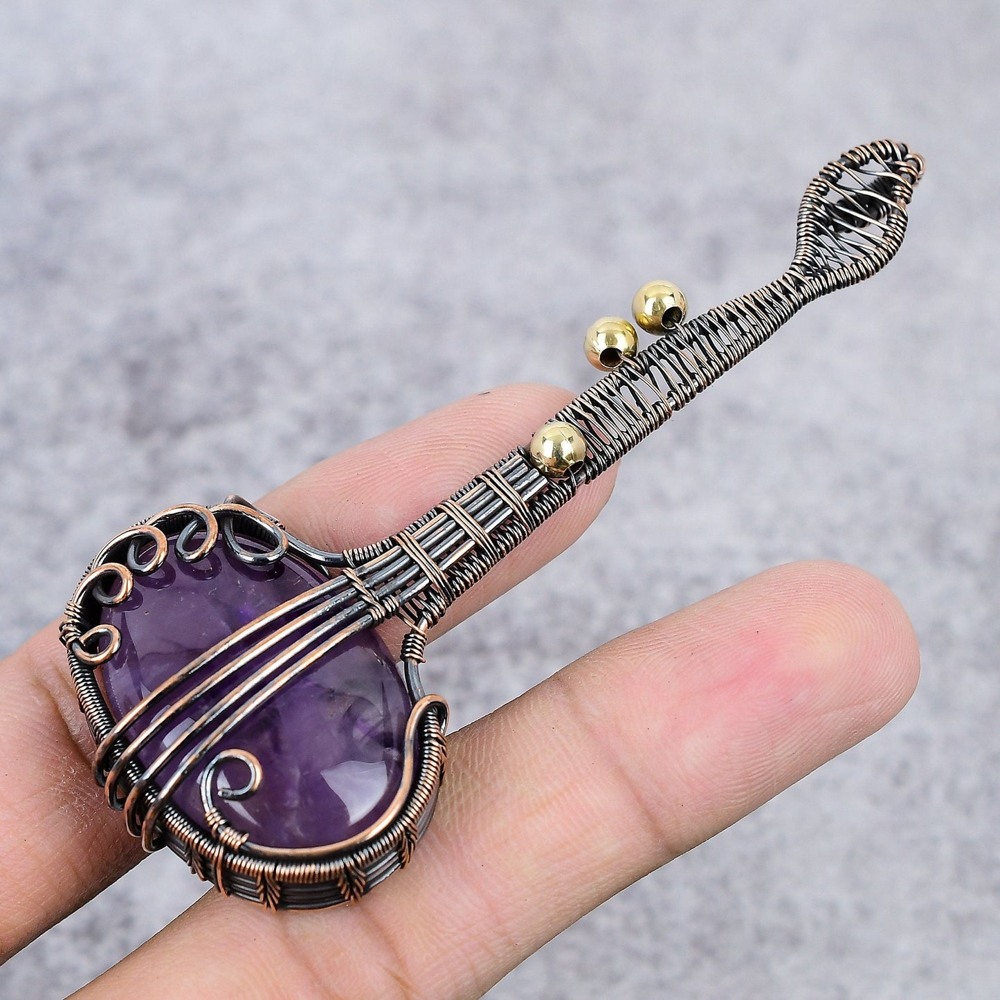 Purple Amethyst Gemstone Copper Guitar Pendant