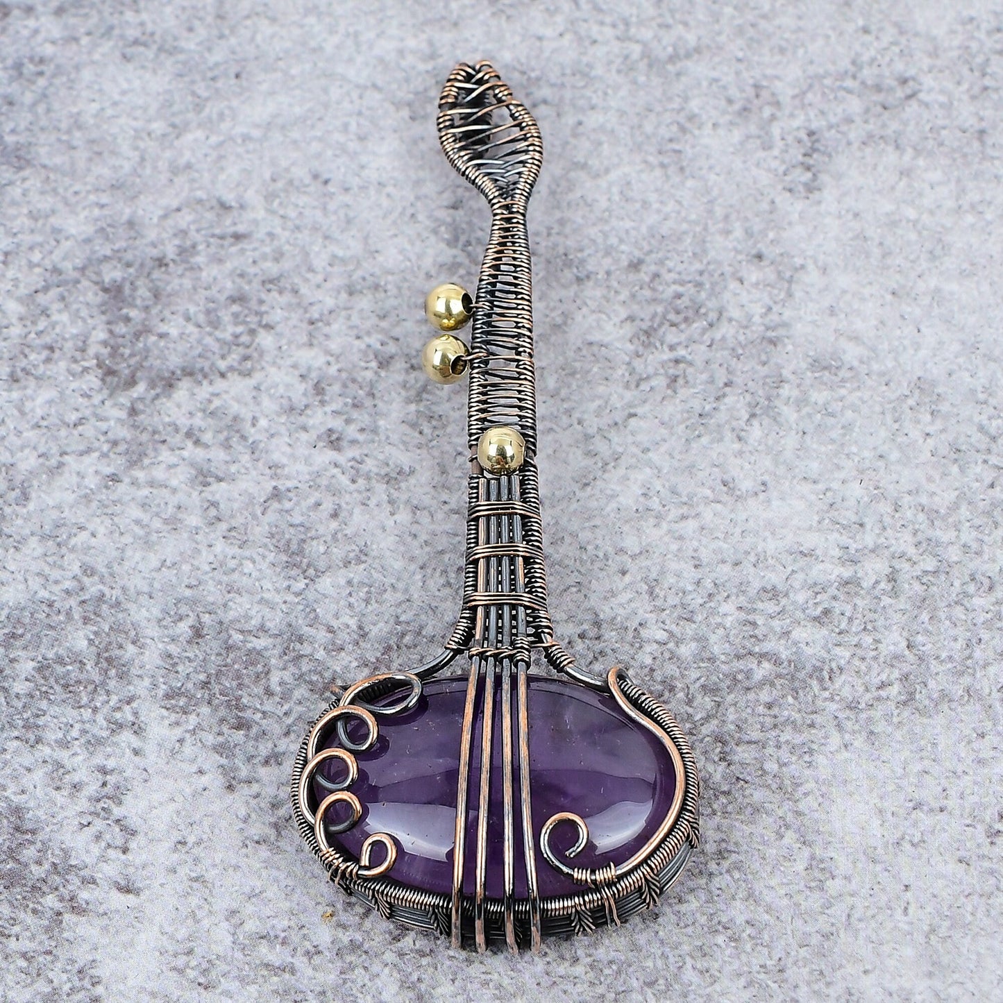 Purple Amethyst Gemstone Copper Guitar Pendant