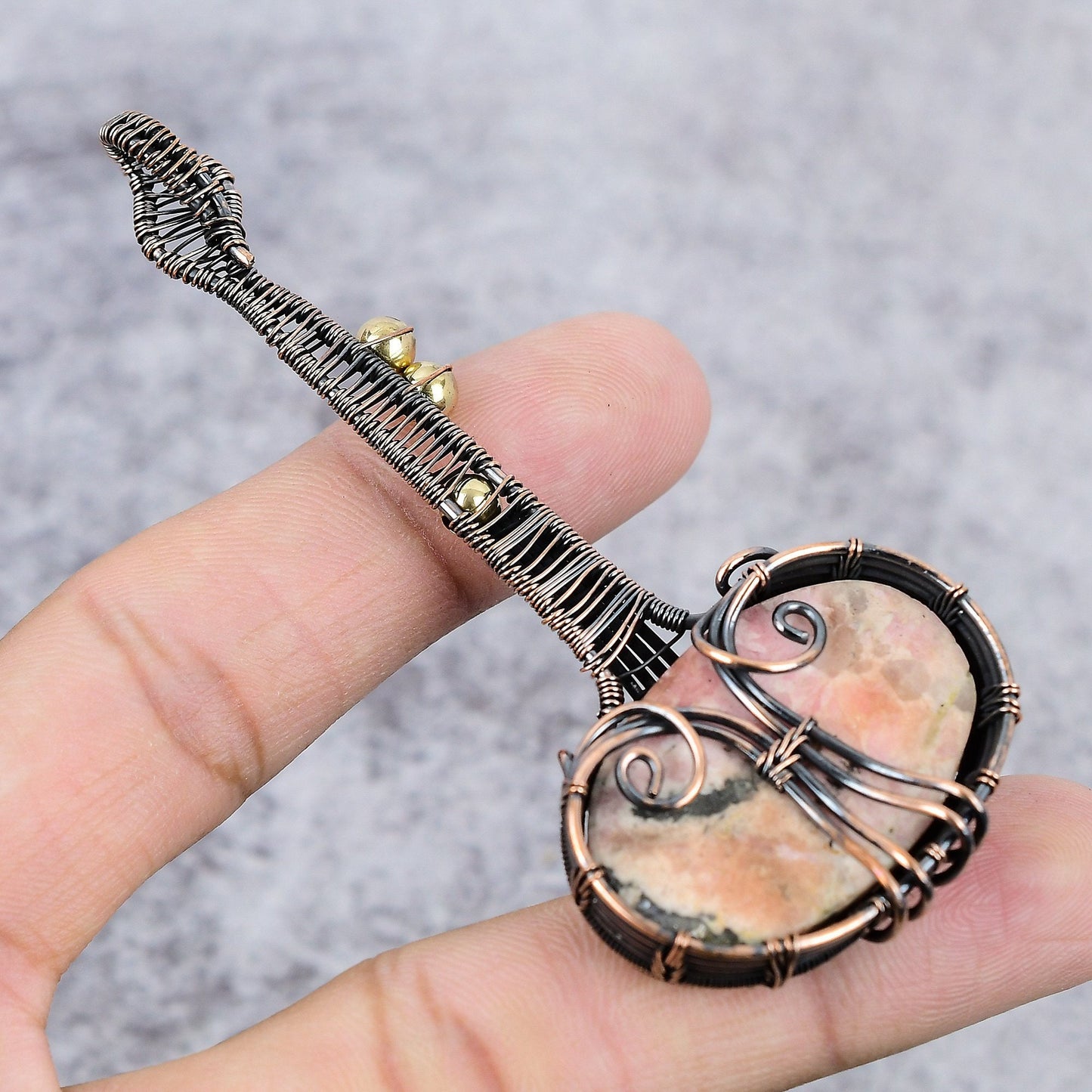 Pink Rhodochrosite Gemstone Guitar Pendant