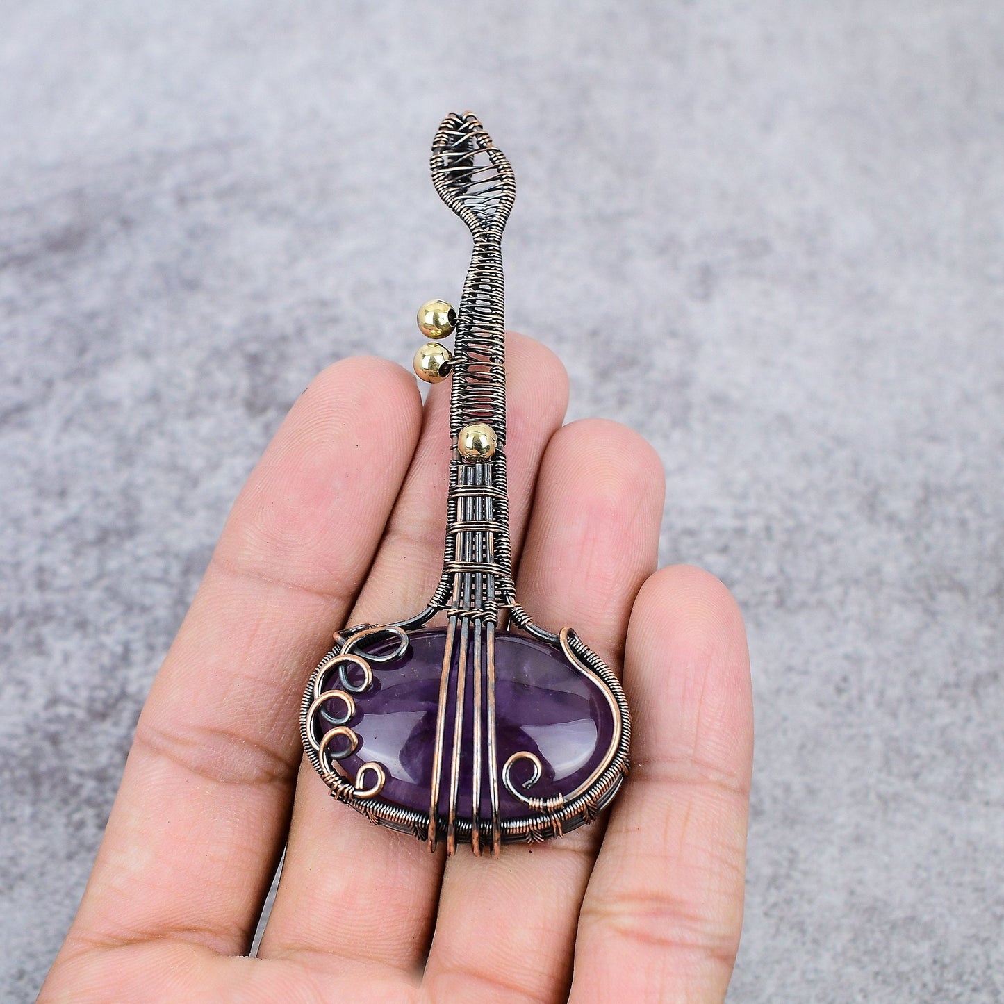 Purple Amethyst Gemstone Copper Guitar Pendant