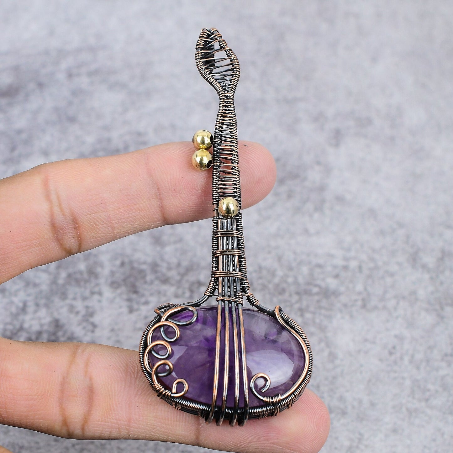 Purple Amethyst Gemstone Copper Guitar Pendant